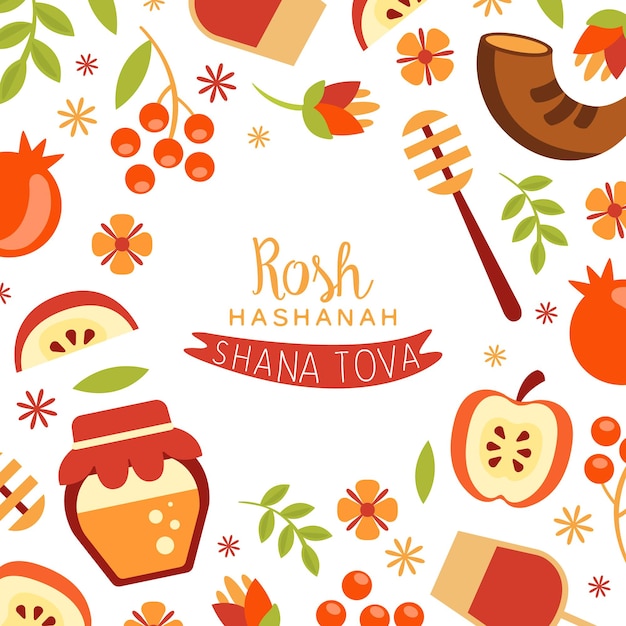 Vetor rosh hashanah shana tova banner template traditional jewish new year holiday poster cartão postal ou cartão de convite com símbolos do feriado ilustração vetorial de padrão sem costura