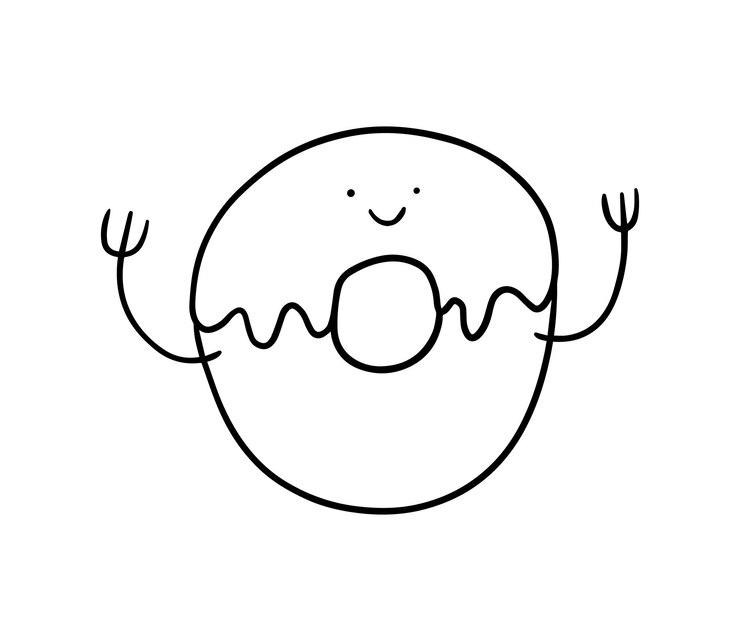 Vetor rosquinha alegre com glacê assando comida doce de café da manhã doodle coloração linear dos desenhos animados