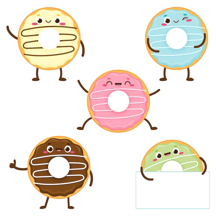 Vetor rosquinha colorida fofa de desenho animado com uma cara feliz
