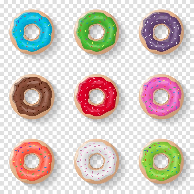 Vetor rosquinhas definir fundo isolado em estilo realista rosquinhas vitrificadas de cor ilustração vetorial