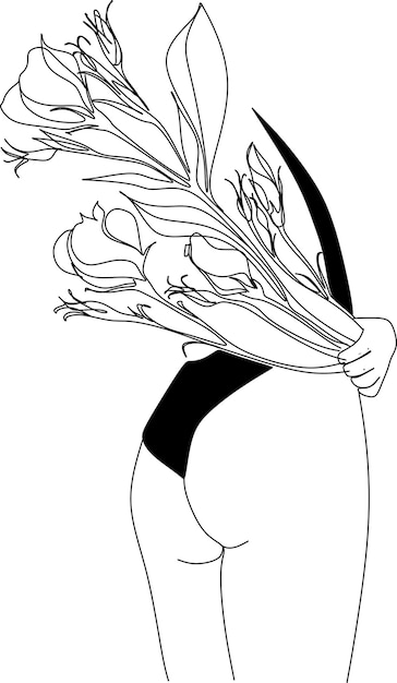 Vetor rosto abstrato com flores por um desenho vetorial de linha estilo minimalista de retrato