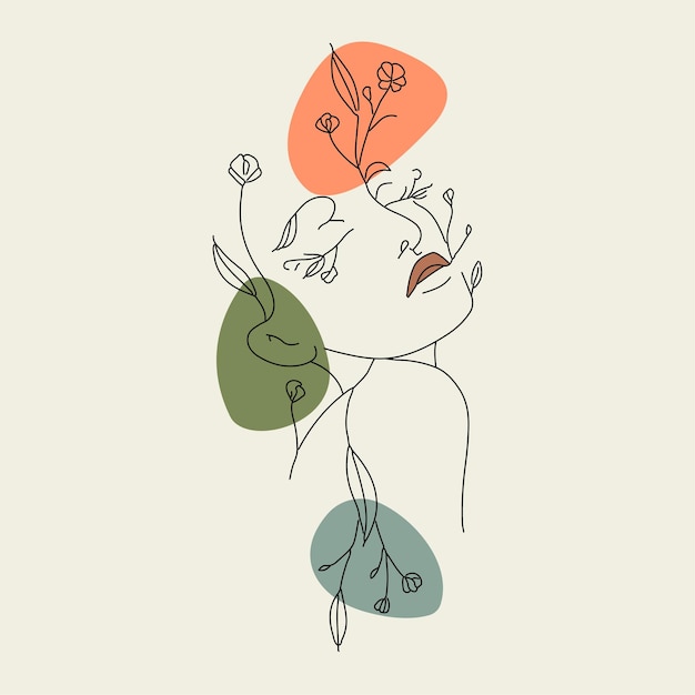 Vetor rosto abstrato com ilustração de flores desenho de uma linha estilo minimalista de retrato salão de beleza