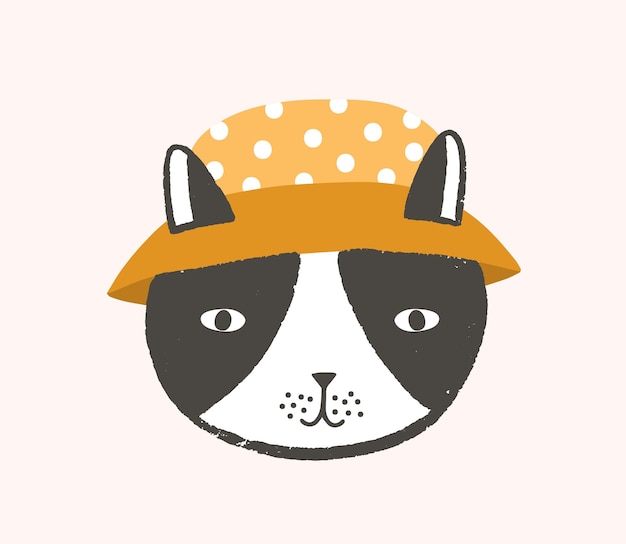 Rosto adorável ou cabeça de gato usando chapéu de balde