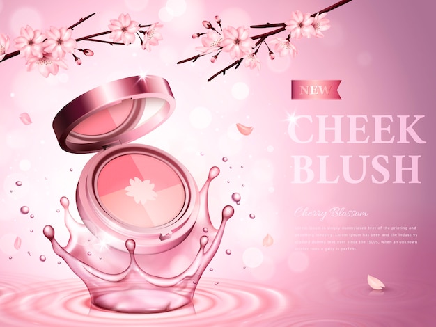 rosto blush flor de cerejeira contendo estojo cosmético, com flores românticas, fundo rosa