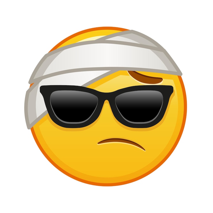 Vetor rosto com bandagem na cabeça com óculos de sol grande tamanho de sorriso de emoji amarelo