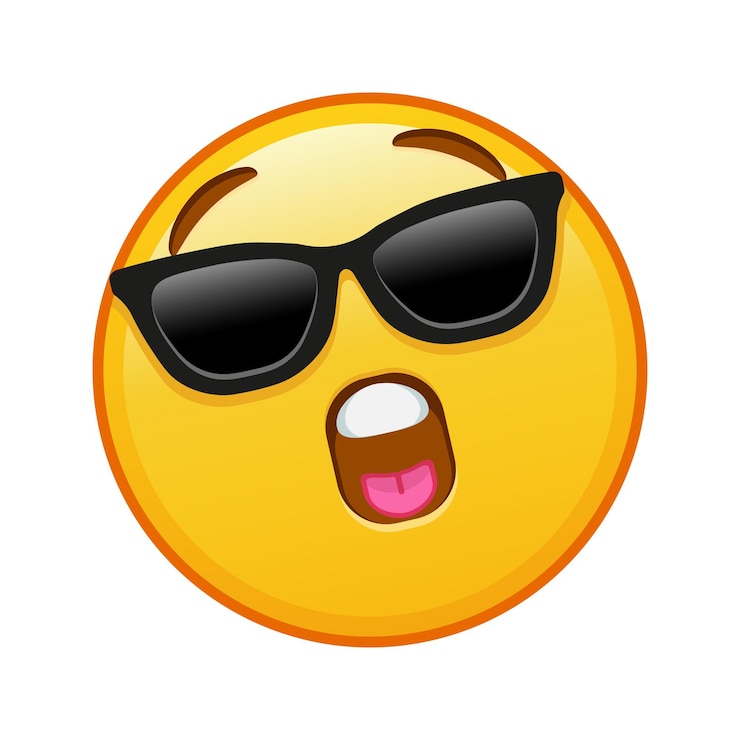 Vetor rosto com boca aberta com óculos de sol grande tamanho de sorriso de emoji amarelo
