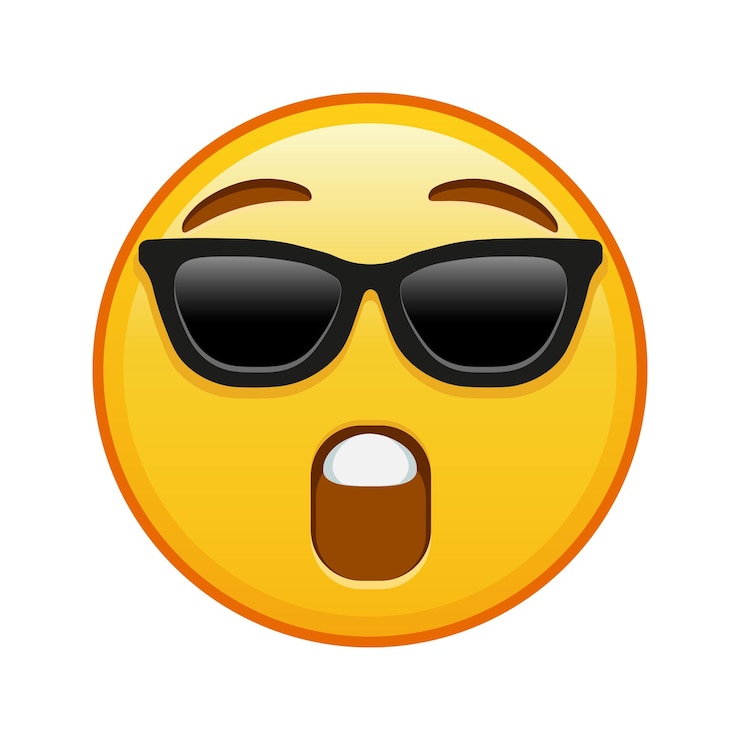 Vetor rosto com boca aberta e óculos de sol grande tamanho de sorriso de emoji amarelo