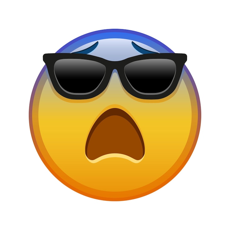 Vetor rosto com medo com óculos de sol grande tamanho de sorriso de emoji amarelo