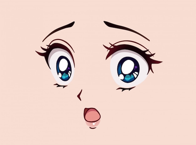 Rosto de anime assustado. manga estilo grandes olhos azuis, nariz pequeno e  boca kawaii. mão-extraídas ilustração dos desenhos animados.