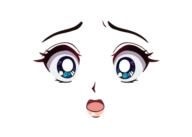 Vetor rosto de anime com medo. olhos grandes de estilo mangá, nariz pequeno e boca kawaii. mão-extraídas ilustração dos desenhos animados do vetor.