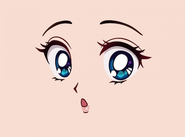 Rosto de anime surpreso. manga estilo grandes olhos azuis, nariz pequeno e boca kawaii. mão-extraídas ilustração dos desenhos animados.