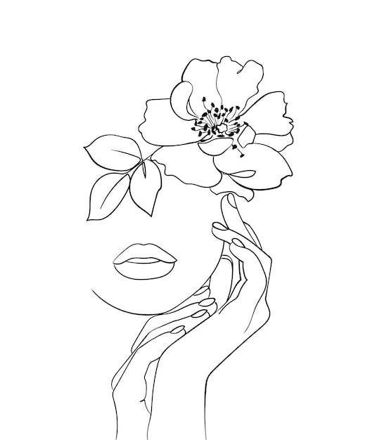 Vetor rosto de beleza com arte de desenho de linha flor rosa mosqueta. retrato mínimo abstrato. - ilustração vetorial