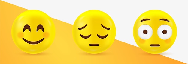 Vetor rosto de emoji 3d emoticons felizes e tristes com rosto corado