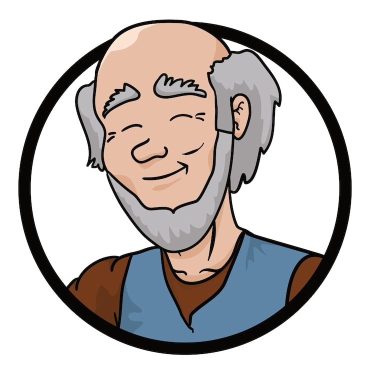 Vetor rosto de homem mais velho feliz com cabeça careca e barba dentro de um botão redondo retrato em estilo de desenho animado