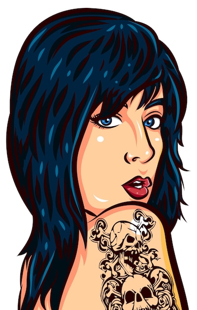 Rosto de menina com cabelo azul abrindo a boca mostrando os dentes lábios vermelhos e tatuagens no ombro vetor