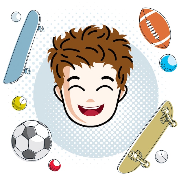 Rosto de menino bonito, cabeça humana. personagem ruiva vetorial, características de rosto de criança sorridente, clipart de esporte e entretenimento.