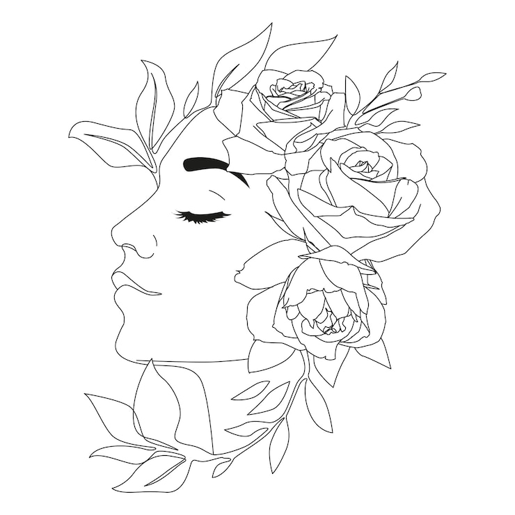 Vetor rosto de mulher bonita cercado por botões de flores em estilo de arte em linha isolado em fundo branco