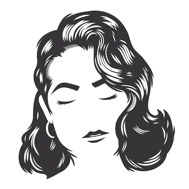 Rosto de mulher com penteados vintage para ilustração de arte de linha vetorial de cabelo comprido.
