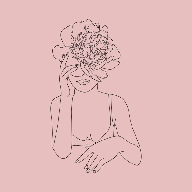 Vetor rosto de mulher de arte de linha com flores. figura feminina mínima abstrata em um estilo linear moderno. ilustração de moda vetorial. arte elegante para pôsteres, logotipos e estampas de camisetas