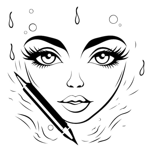 Vetor rosto de mulher linda com caneta e gotas de água