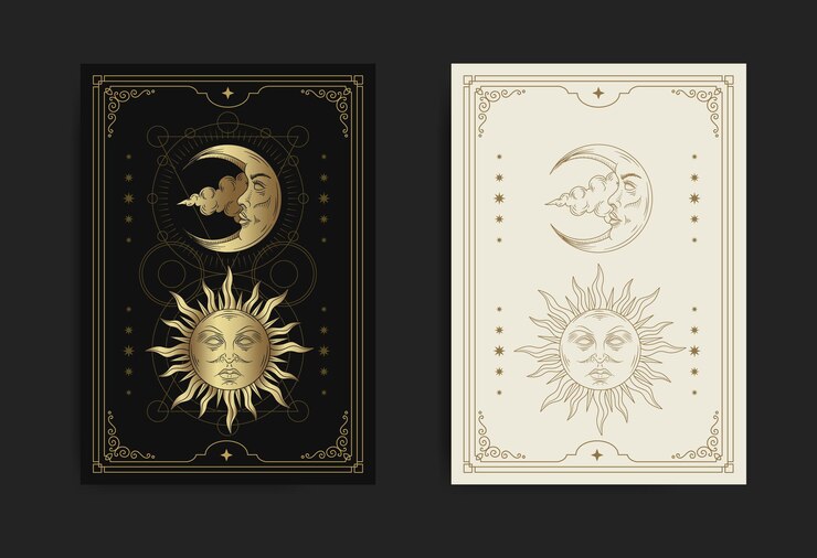Vetor rosto de sol e lua decorado com geometria sagrada e estrelas