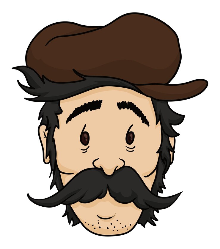 Vetor rosto de trabalhador masculino adulto com cabelo preto e bigode, boné castanho e gesto cansado design de estilo de desenho animado