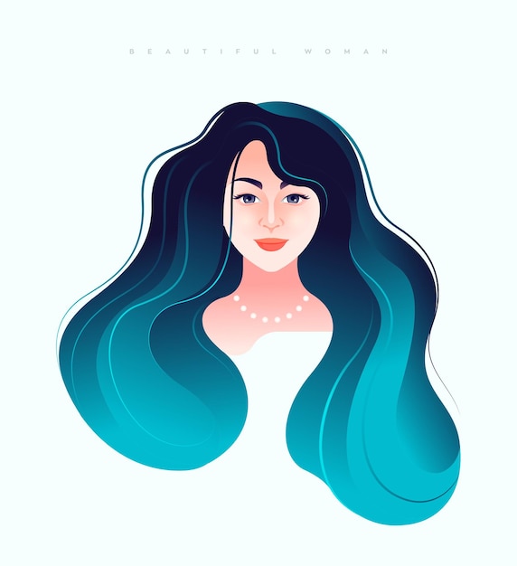 Rosto de uma linda jovem com longos cabelos azuis