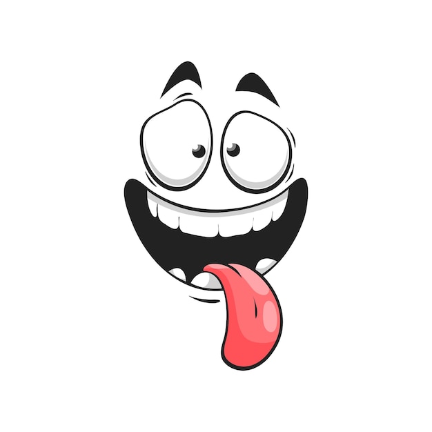 Vetor rosto estúpido de desenho animado, sorriso feliz emoji de vetor com boca aberta e língua comprida. expressão facial alegre com olhos arregalados. personagem engraçada e feliz, sentimentos positivos isolados no fundo branco