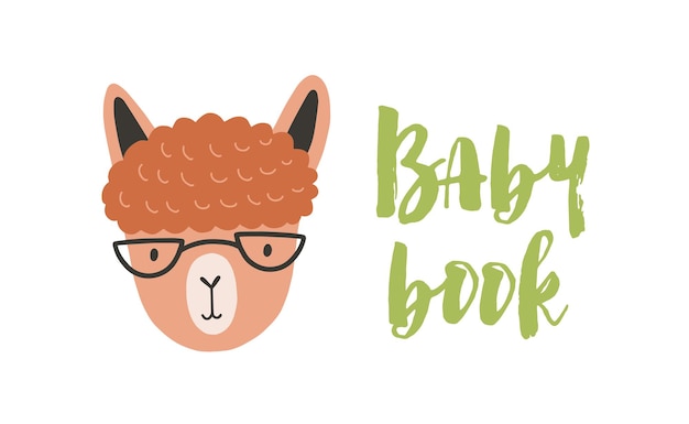 Rosto ou cabeça de lhama divertido bonito com óculos. focinho de alpaca inteligente engraçado isolado no fundo branco. ilustração vetorial colorida em estilo doodle plana para impressão de t-shirt infantil, livro do bebê.