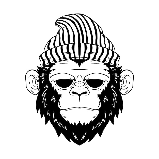 Rosto ou cabeça de macaco com chapéu de malha hipster desenhar ou esboçar o estilo de cabeça de macaco