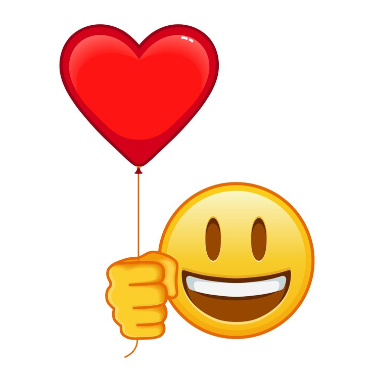 Rosto sorridente com a boca aberta com balão de coração vermelho Grande tamanho de emoji amarelo sorriso