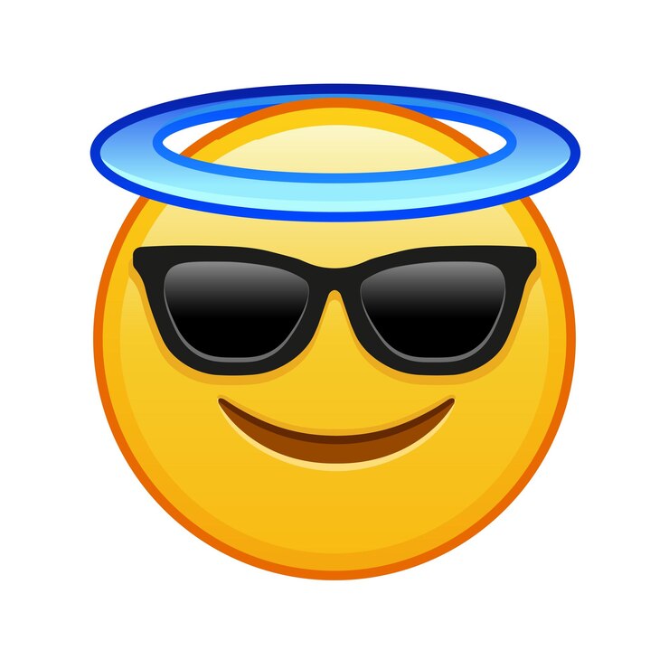 Vetor rosto sorridente com auréola acima da cabeça e óculos de sol tamanho grande de sorriso emoji amarelo