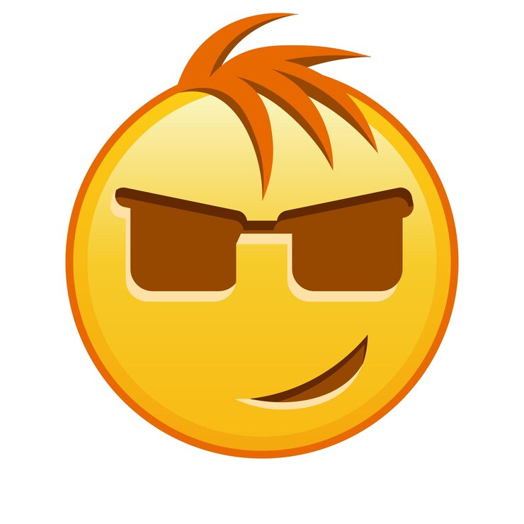 Vetor rosto sorridente com óculos de sol grande tamanho de emoji amarelo sorrindo com cabelo