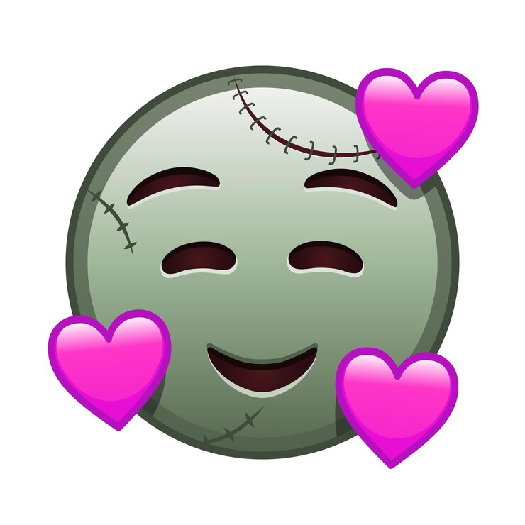 Vetor rosto sorridente com olhos sorridente e três corações tamanho grande de emoji de halloween zumbi
