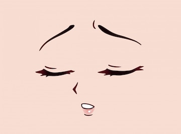 Rosto triste de anime. olhos fechados estilo mangá, nariz pequeno e boca  kawaii. mão-extraídas ilustração dos desenhos animados do vetor.