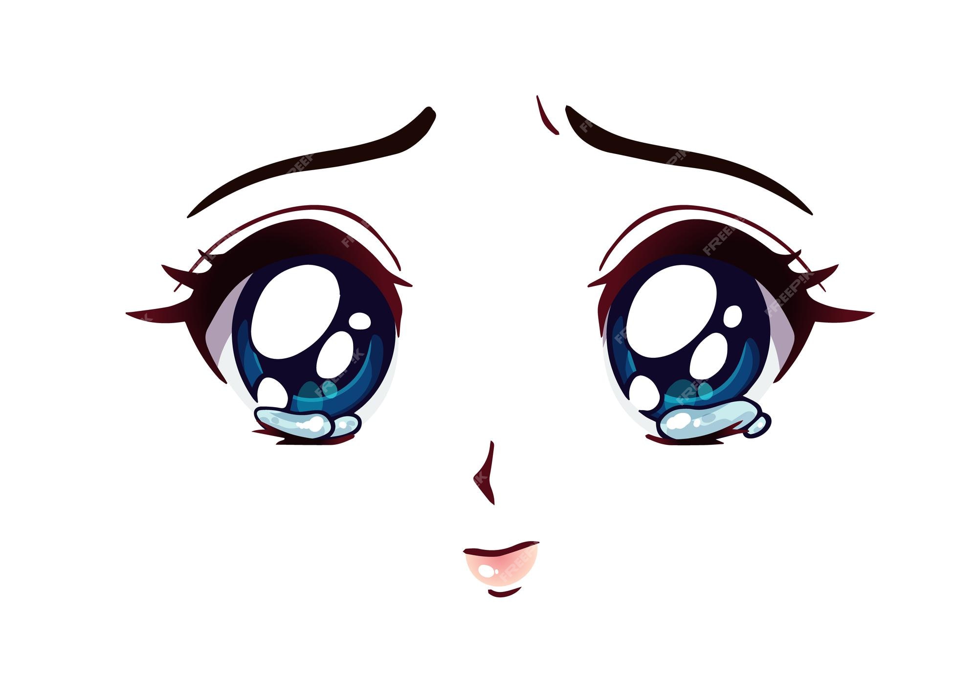 Rosto triste de anime. olhos fechados estilo mangá, nariz pequeno e boca  kawaii. mão-extraídas ilustração dos desenhos animados do vetor.