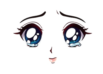 Rosto triste de anime. olhos grandes de estilo mangá, nariz pequeno e boca  kawaii.