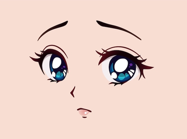 Rosto triste de anime. olhos grandes de estilo mangá, nariz pequeno e boca  kawaii.