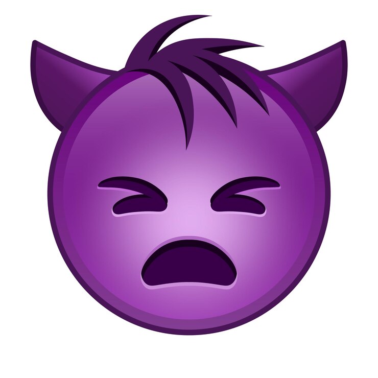 Vetor rosto zangado com chifres grande tamanho de emoji roxo sorriso com cabelo