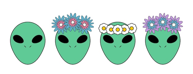 Rostos alienígenas com coroa de flores na cabeça ilustração vetorial de personagem de desenho animado