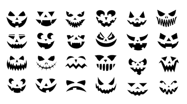 Caras Assustadoras E Engraçadas Para A Abóbora De Halloween Ou Conjunto De  Fantasmas. Jack-o-lantern Expressões Faciais. Horror Assustador Simples  Coleção De Rostos De Abóboras. Ilustração Vetorial Isolada. Royalty Free  SVG, Cliparts, Vetores