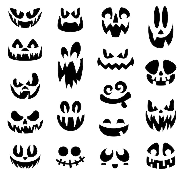 Rostos assustadores de halloween rosto sorridente abóbora de halloween ou  desenho fantasma sorriso assustador olhos negros isolados e bocas máscaras  de férias conjunto de vetores berrante