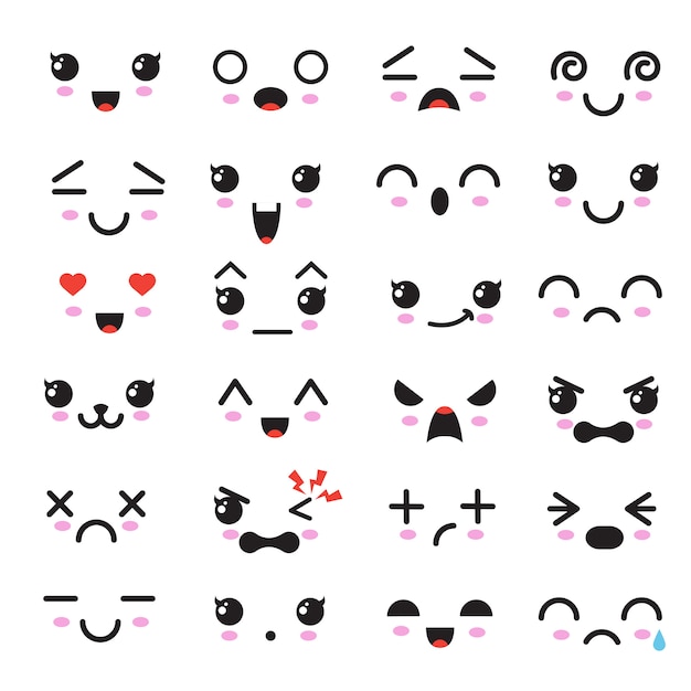 Rostos bonitos kawaii, olhos e bocas estilo manga, emoticon japonês engraçado dos desenhos animados em diferentes expressões