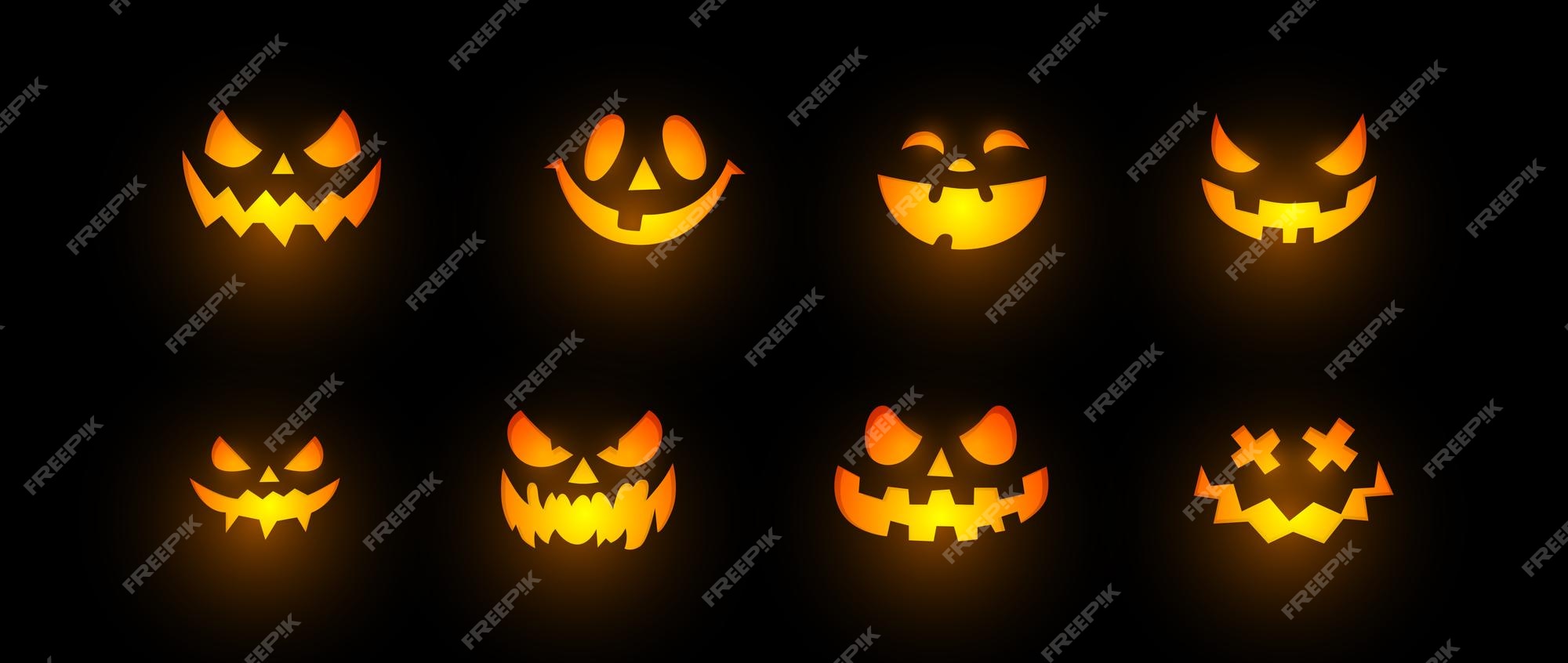 conjunto de rostos de halloween. rostos assustadores, engraçados, tristes e  assustadores. caras de abóbora. rostos de fantasmas. parte 2. 12847765  Vetor no Vecteezy