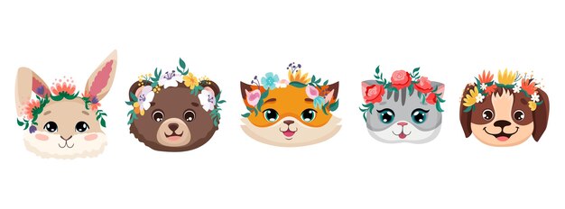 Rostos de animais fofos com coroas de flores para cartões de aniversário de design de berçário chá de bebê