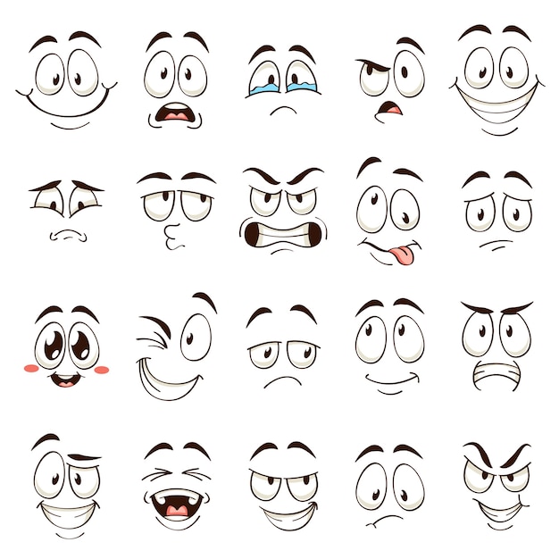 Rostos de desenhos animados. caricatura de emoções em quadrinhos com diferentes expressões. olhos e boca expressivos, personagens engraçados e emoticons confusos definidos