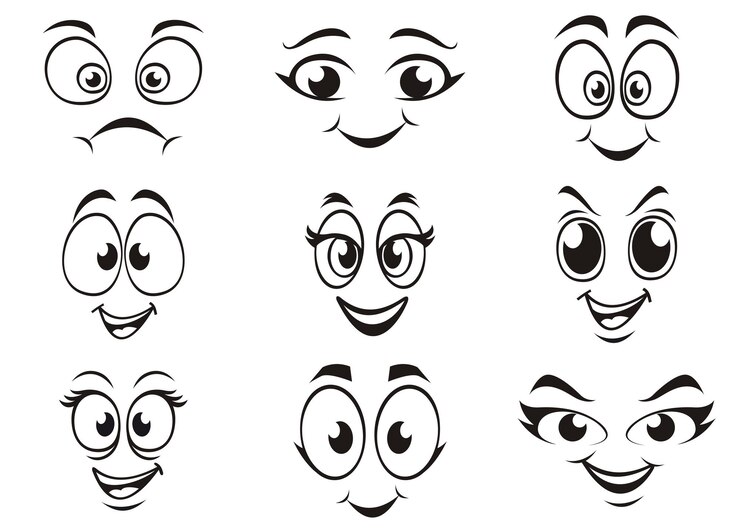 Vetor rostos de desenhos animados olhos expressivos e boca sorridente emoções cômicas de caricatura ou emoticon doodle