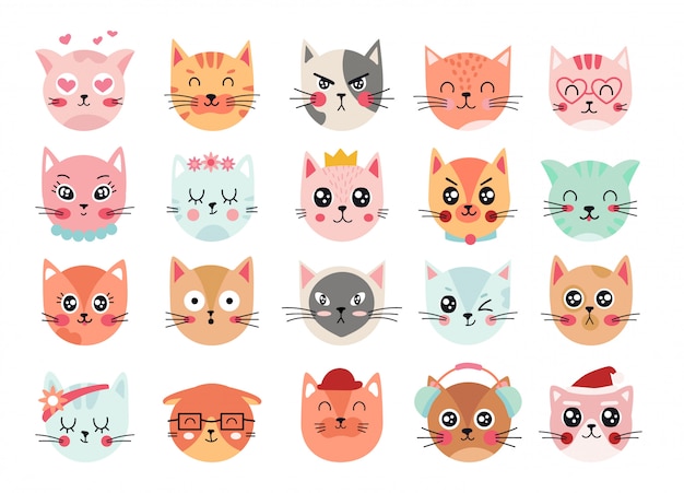 Rostos de gatos fofos. emoticons de cabeças de gato, expressões de rosto de gatinho. feliz sorrindo, triste, zangado e piscadela ilustração gato. conjunto de sentimentos e emoções animais. personagens de desenhos animados emoji