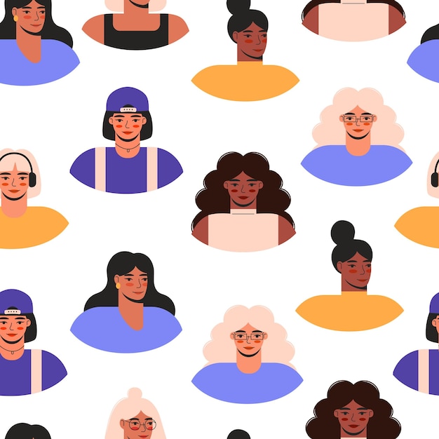 Rostos femininos diversos padrão sem costura mulheres avatares ilustração plana vetorial conceito de diversidade
