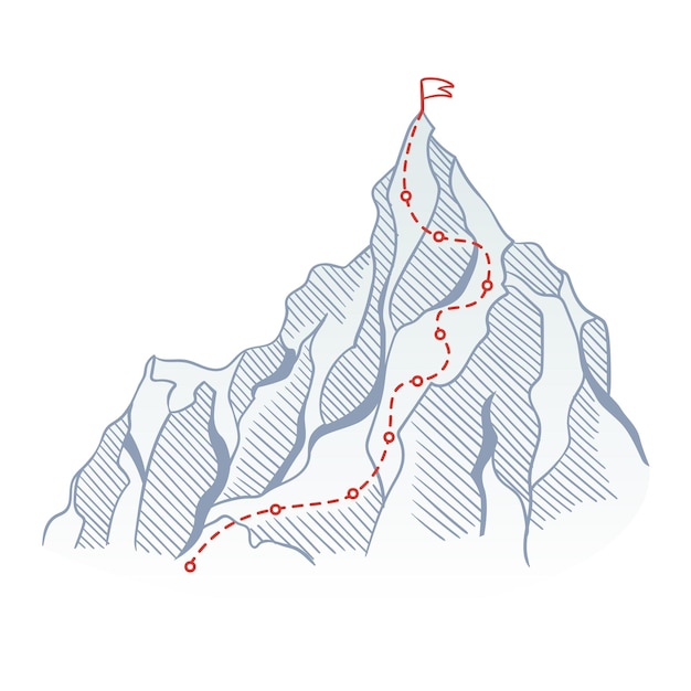 Rota de escalada de montanha para o topo da rocha com bandeira vermelha no pico caminho de viagem de negócios em andamento para o sucesso ou conceito de objetivo vector polígono ponto conectar estilo de linha